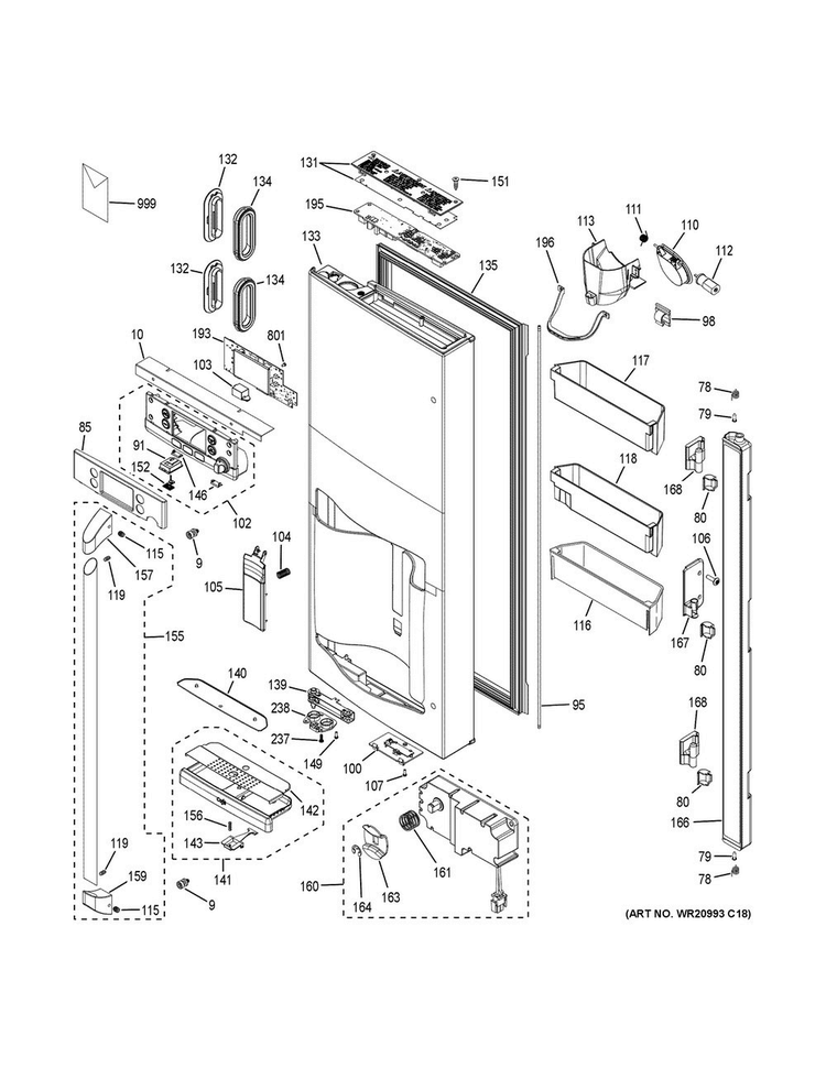 Dispenser Door Diagram and Parts List for CYE22TSHMSS  General Electric Refrigerator