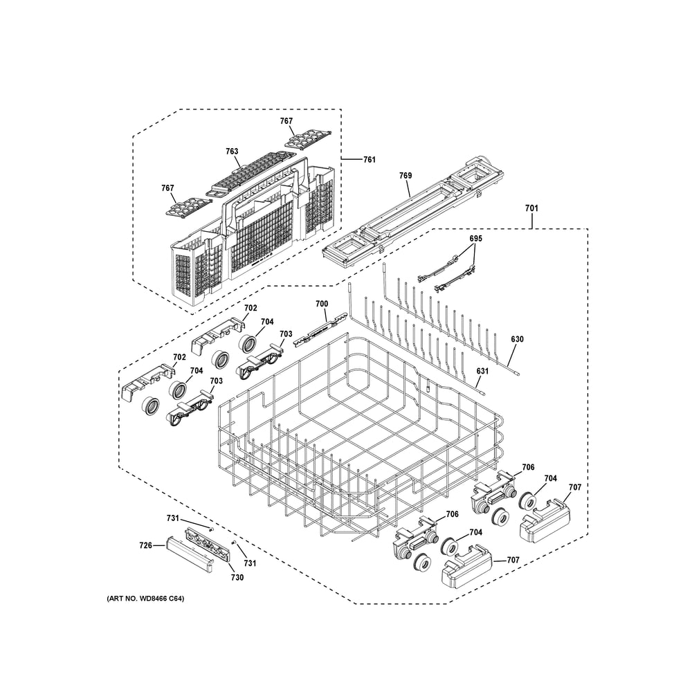 Lower Rack Assembly Diagram and Parts List for ZDT925SPNCSS  General Electric Dishwasher