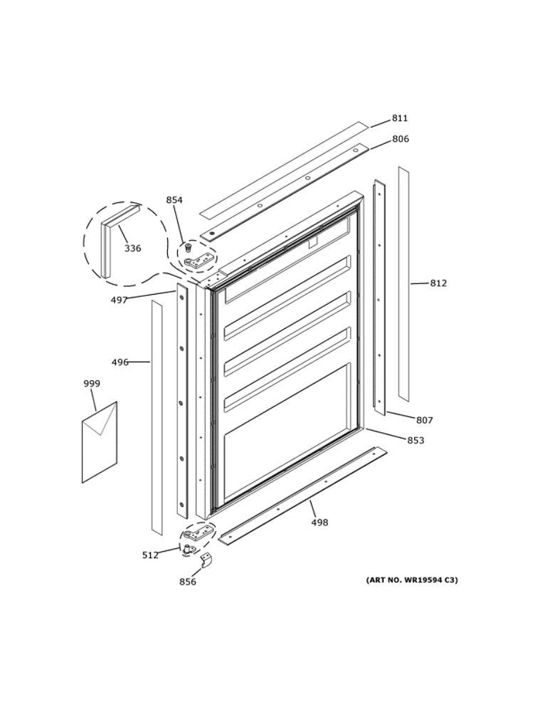 Door Diagram and Parts List for ZIBI240HCII  General Electric Wine and Beverage Cooler