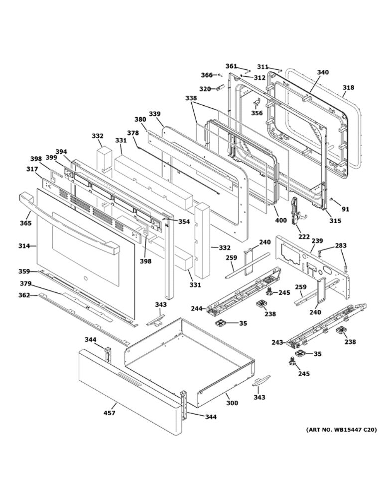 Door And Drawer Parts Diagram and Parts List for JGB735DP1BB  General Electric Range