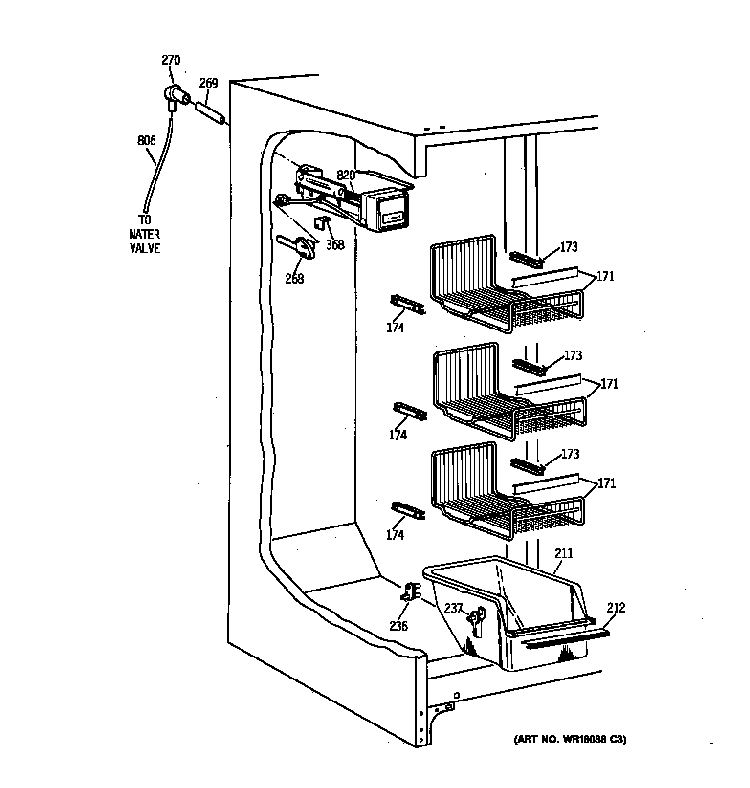 Freezer Section Diagram and Parts List for 36359575991  General Electric Refrigerator