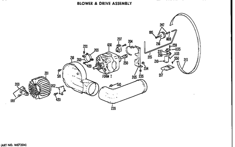 Blower And Drive Assembly Diagram and Parts List for DDC4498AEL  General Electric Dryer