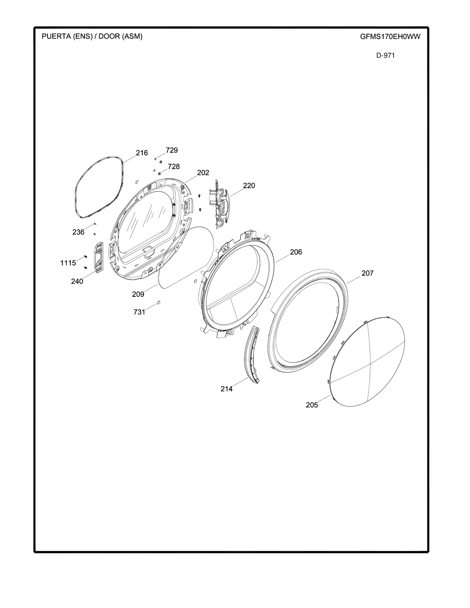 DOOR ASM Diagram and Parts List for GFMS170EH0WW  General Electric Dryer