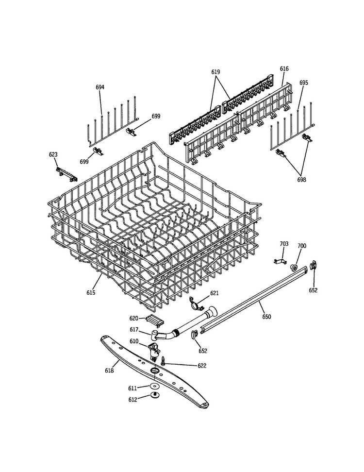 Upper Rack And Arm Diagram and Parts List for PDW7300GWW  General Electric Dishwasher