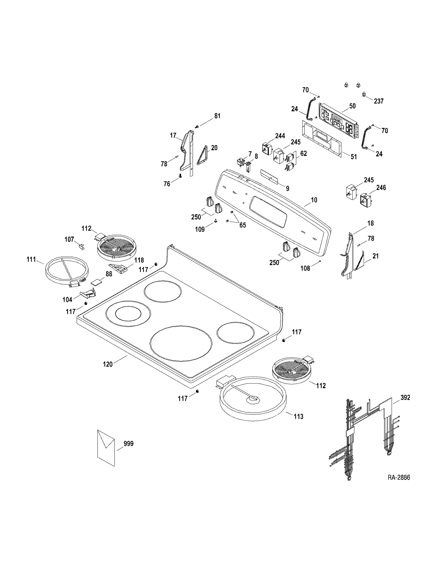 CONTROLS & COOKTOP Diagram and Parts List for JCBP68MP1BS  General Electric Range