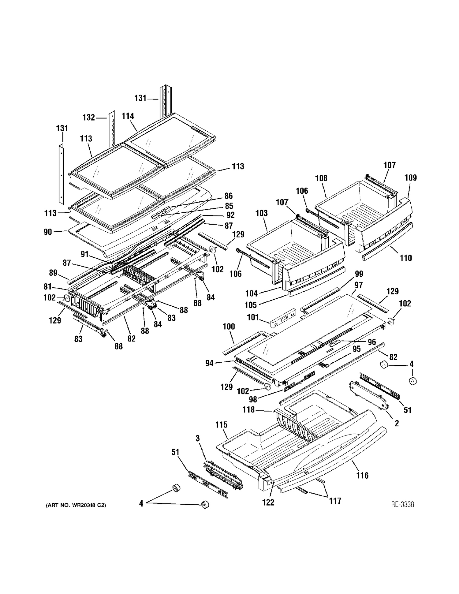 FF SHELVES Diagram and Parts List for ZFGB21HYDSS  General Electric Refrigerator