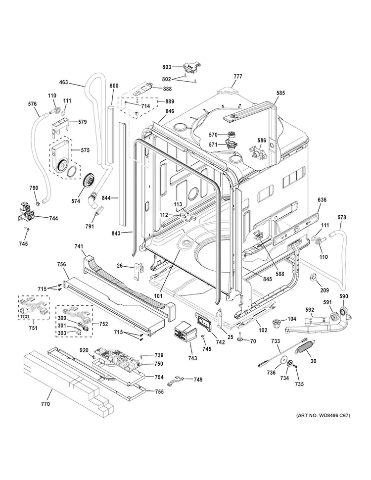 Body Parts Diagram and Parts List for PDF820SGJ0BB  General Electric Dishwasher