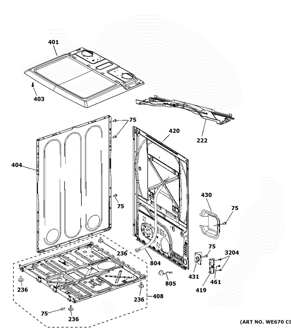 Cabinet And Top Panel Diagram and Parts List for YTD74E2PN1DG  General Electric Dryer