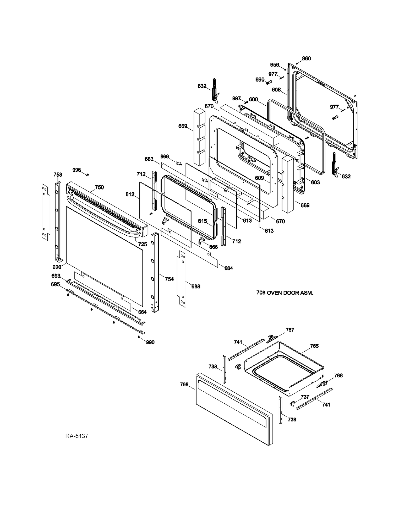 DOOR & DRAWER PARTS Diagram and Parts List for JCBP240DT2WW  General Electric Range