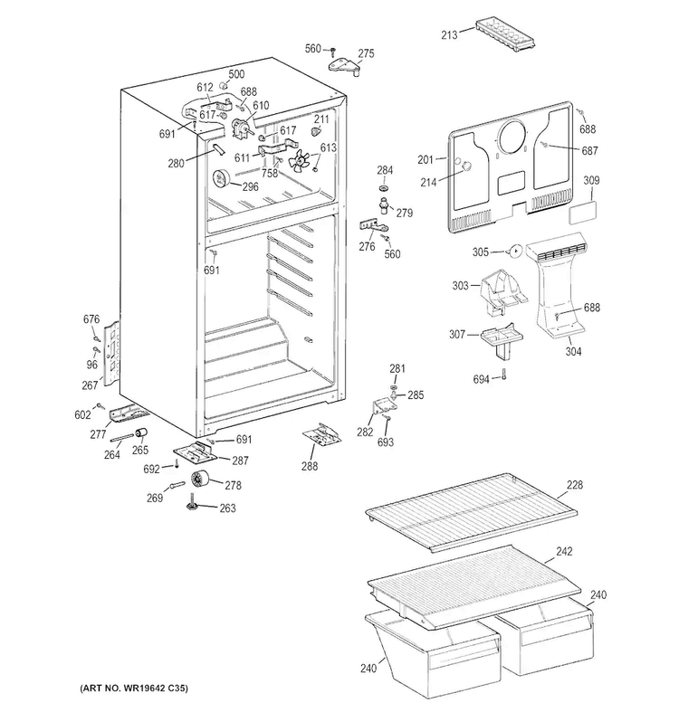 Cabinet Diagram and Parts List for GTH16BBXDRCC  General Electric Refrigerator