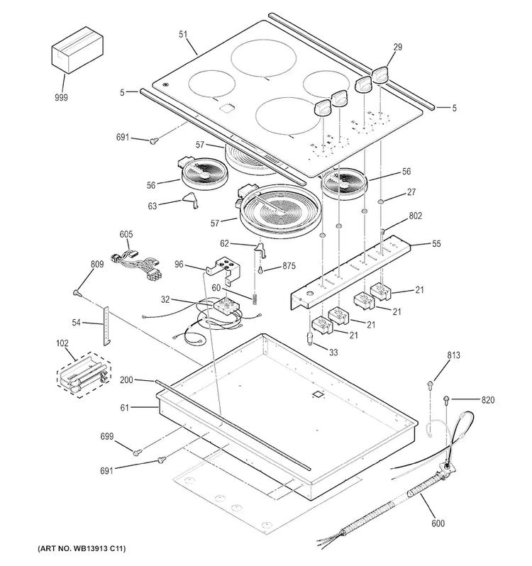 Control Panel & Cooktop Diagram and Parts List for JP3030SJ2SS  General Electric Cooktop