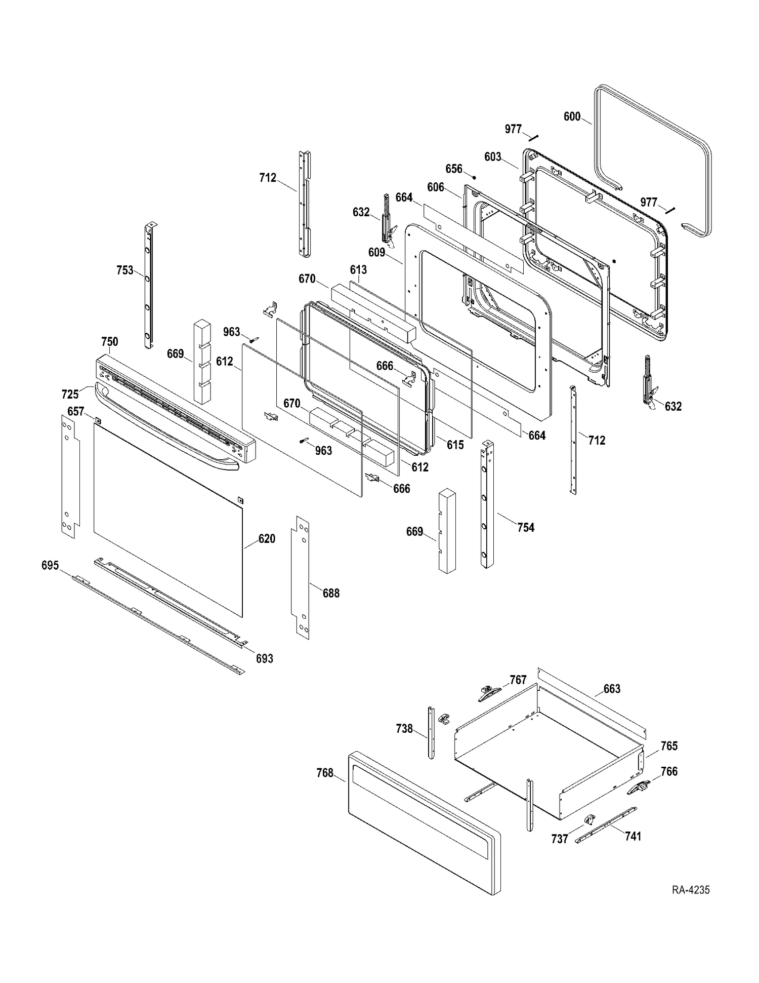 DOOR-DRAWER Diagram and Parts List for JCBP270DT1WW  General Electric Range