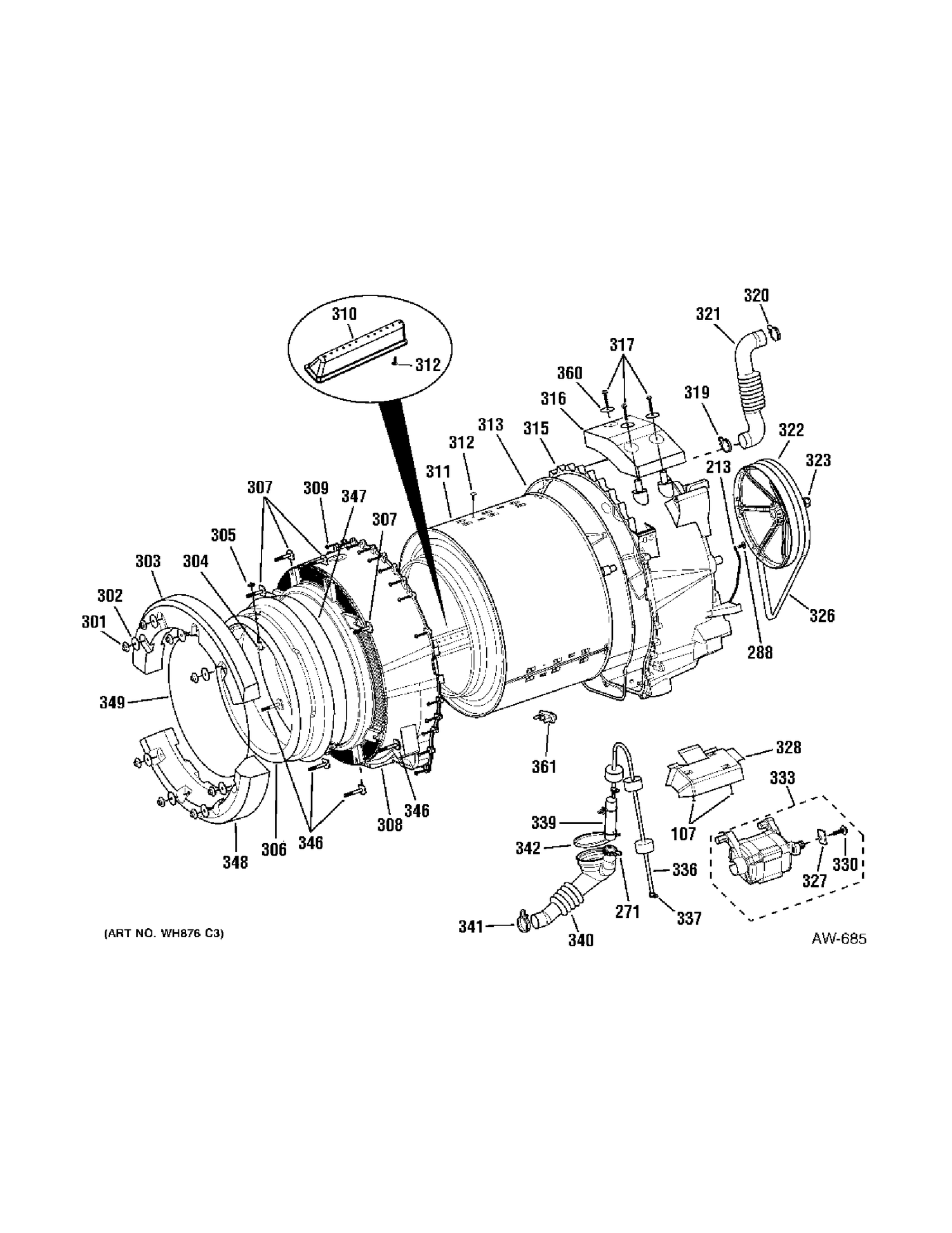 TUB & MOTOR Diagram and Parts List for GBVH5200J0WW  General Electric Washer