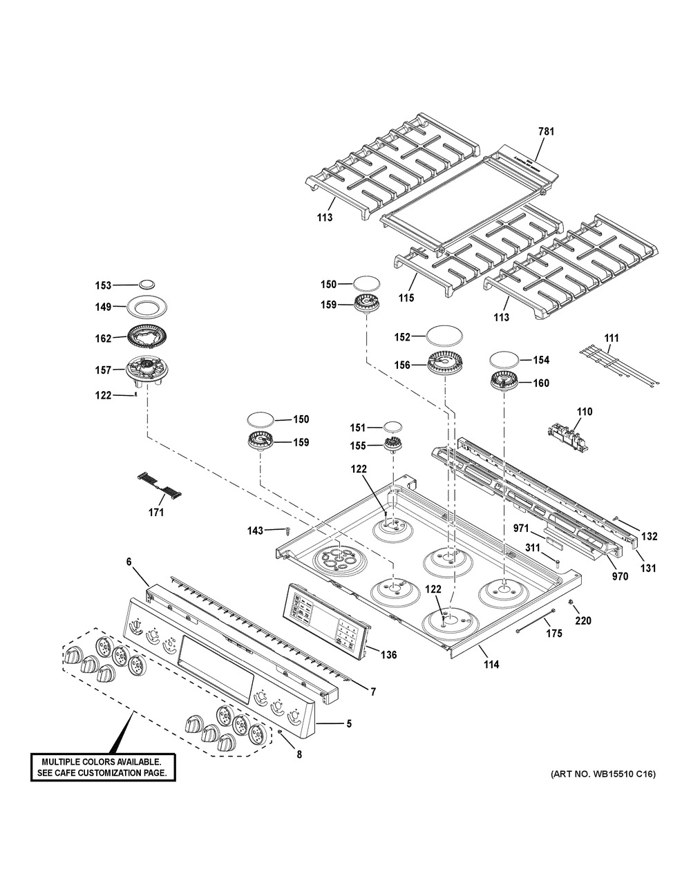 Control Panel & Cooktop Diagram and Parts List for CGS750P4M1W2  General Electric Range