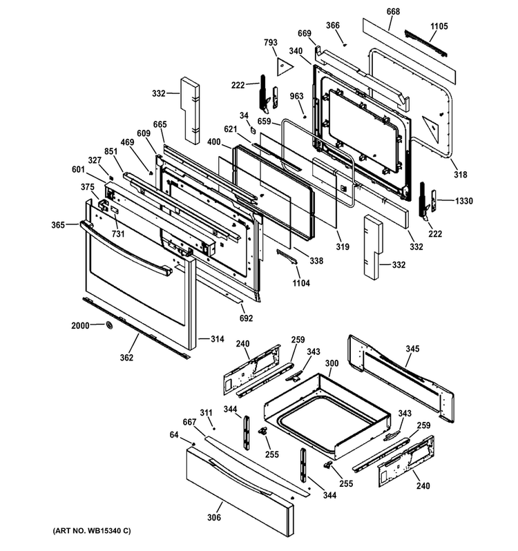 Door & Drawer Parts Diagram and Parts List for JGS650SEF2SS  General Electric Range