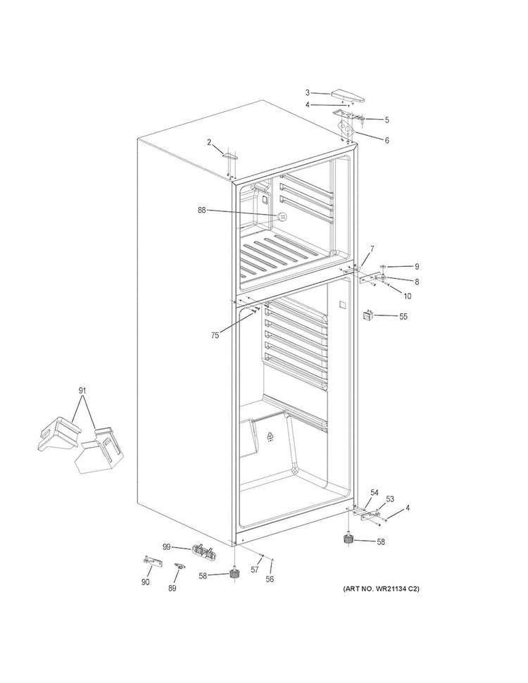 Case Parts Diagram and Parts List for GPE12FGKBWW  General Electric Refrigerator