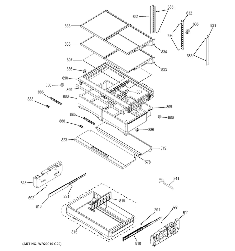 Fresh Food Shelves Diagram and Parts List for DFE28JGHDBB  General Electric Refrigerator