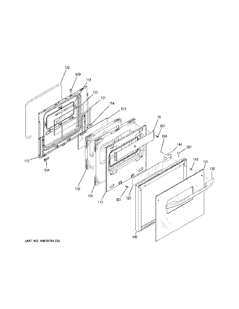 Upper Door Diagram and Parts List for JRP28SK5SS  General Electric Wall Oven