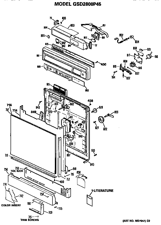 Front/control Panel Diagram and Parts List for GSD2800P45  General Electric Dishwasher