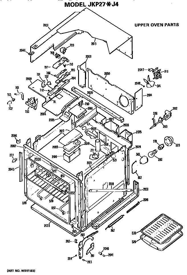Upper Oven Diagram and Parts List for JKP27J4  General Electric Wall Oven