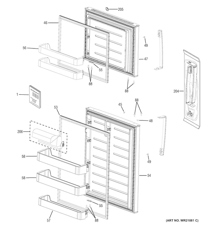 Doors Diagram and Parts List for GIE21GTHCBB  General Electric Refrigerator