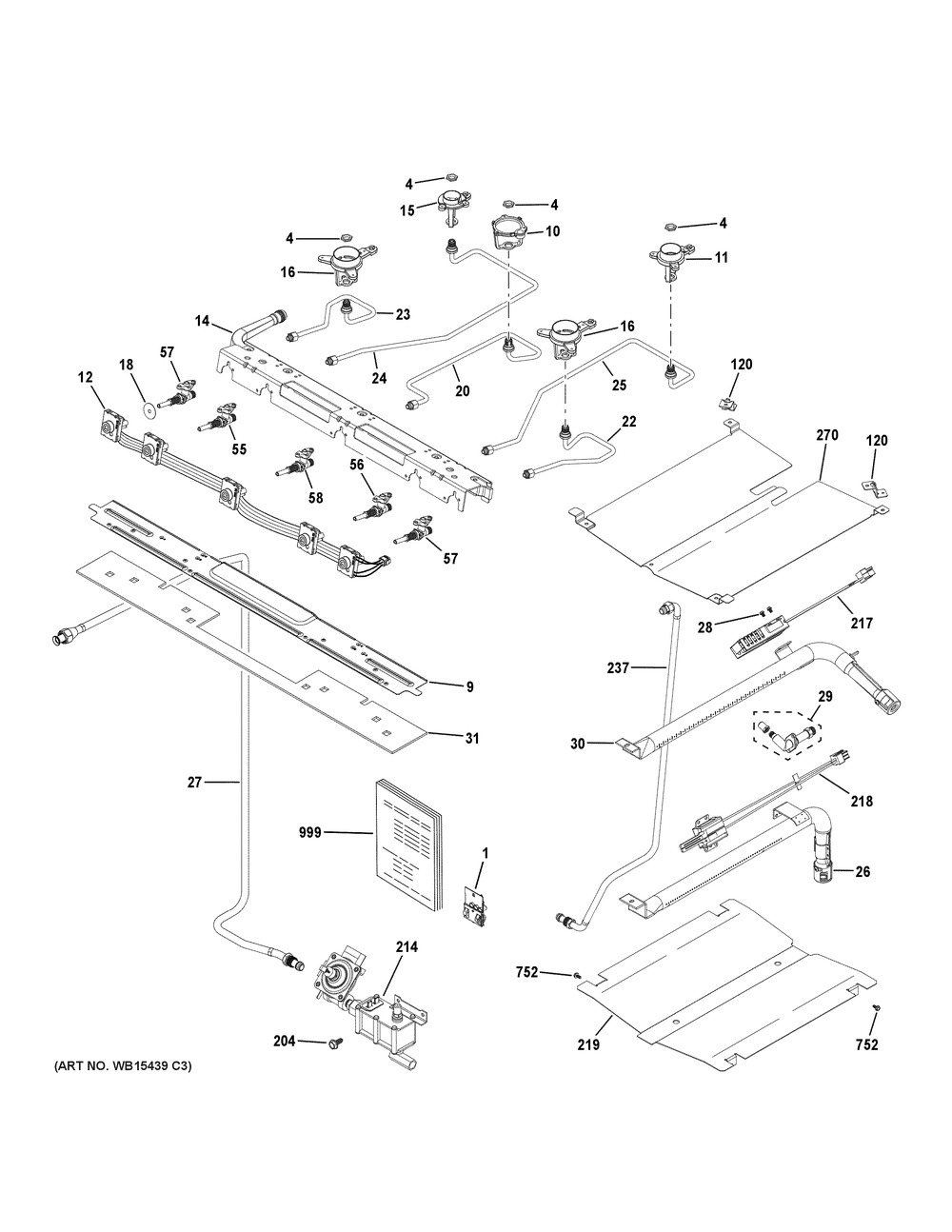 Gas & Burner Parts Diagram and Parts List for CGB500P3M1D1  General Electric Range