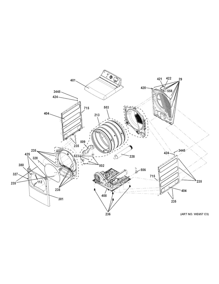 Cabinet Diagram and Parts List for GTD81GSSJ2WS  General Electric Dryer