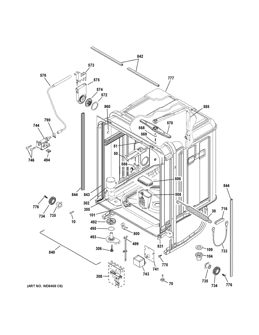 Body Parts Diagram and Parts List for GDWT358V50SE  General Electric Dishwasher