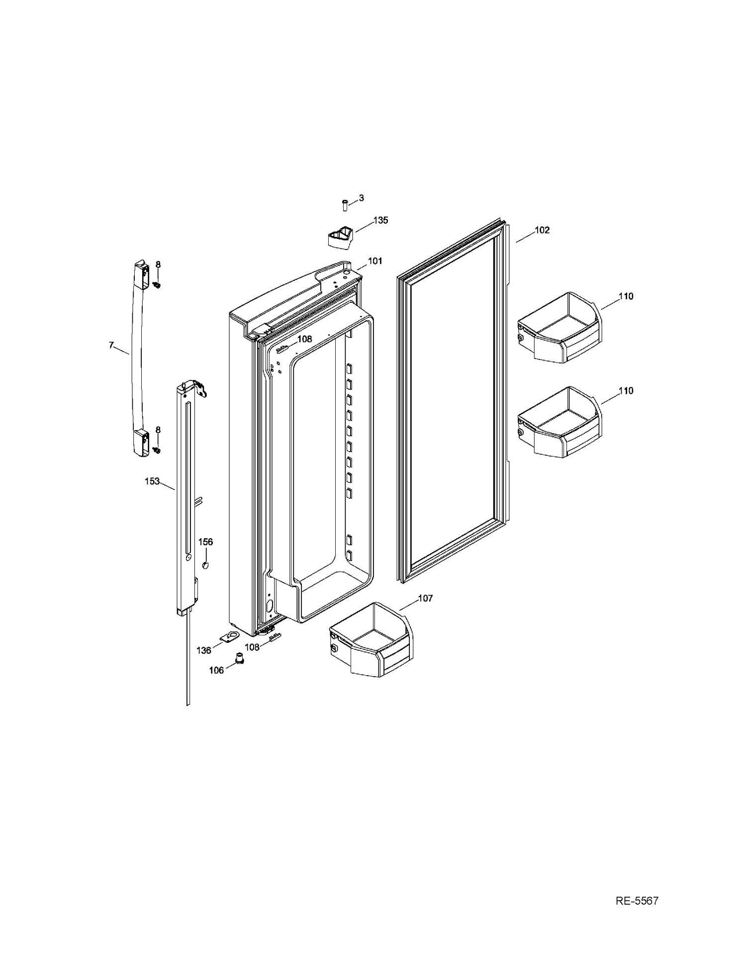 FF DOOR LEFT Diagram and Parts List for PNR22LGEAFWW  General Electric Refrigerator