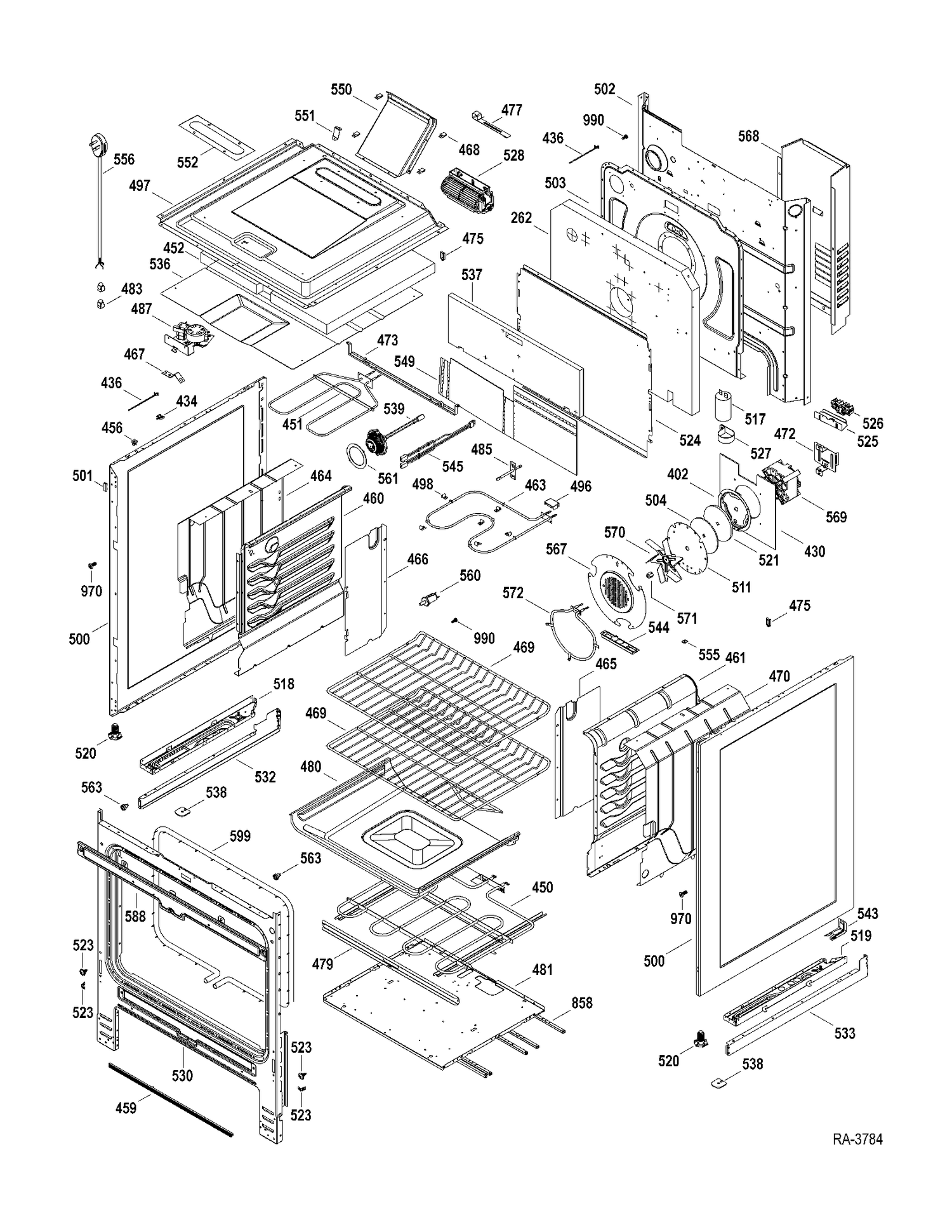 BODY Diagram and Parts List for P2S968DER1WW  General Electric Range