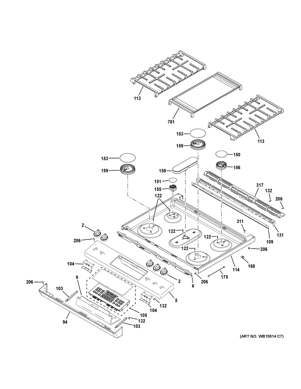 Control Panel & Cooktop Diagram and Parts List for JGS760DEL3WW  General Electric Range