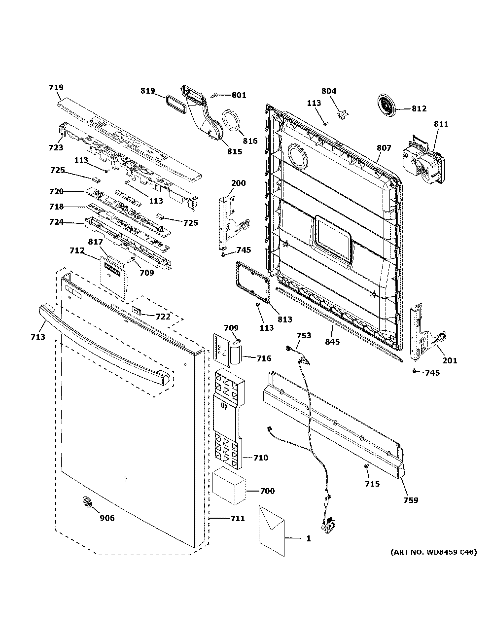 Escutcheon And Door Assembly Diagram and Parts List for GDT535PSMBSS  General Electric Dishwasher