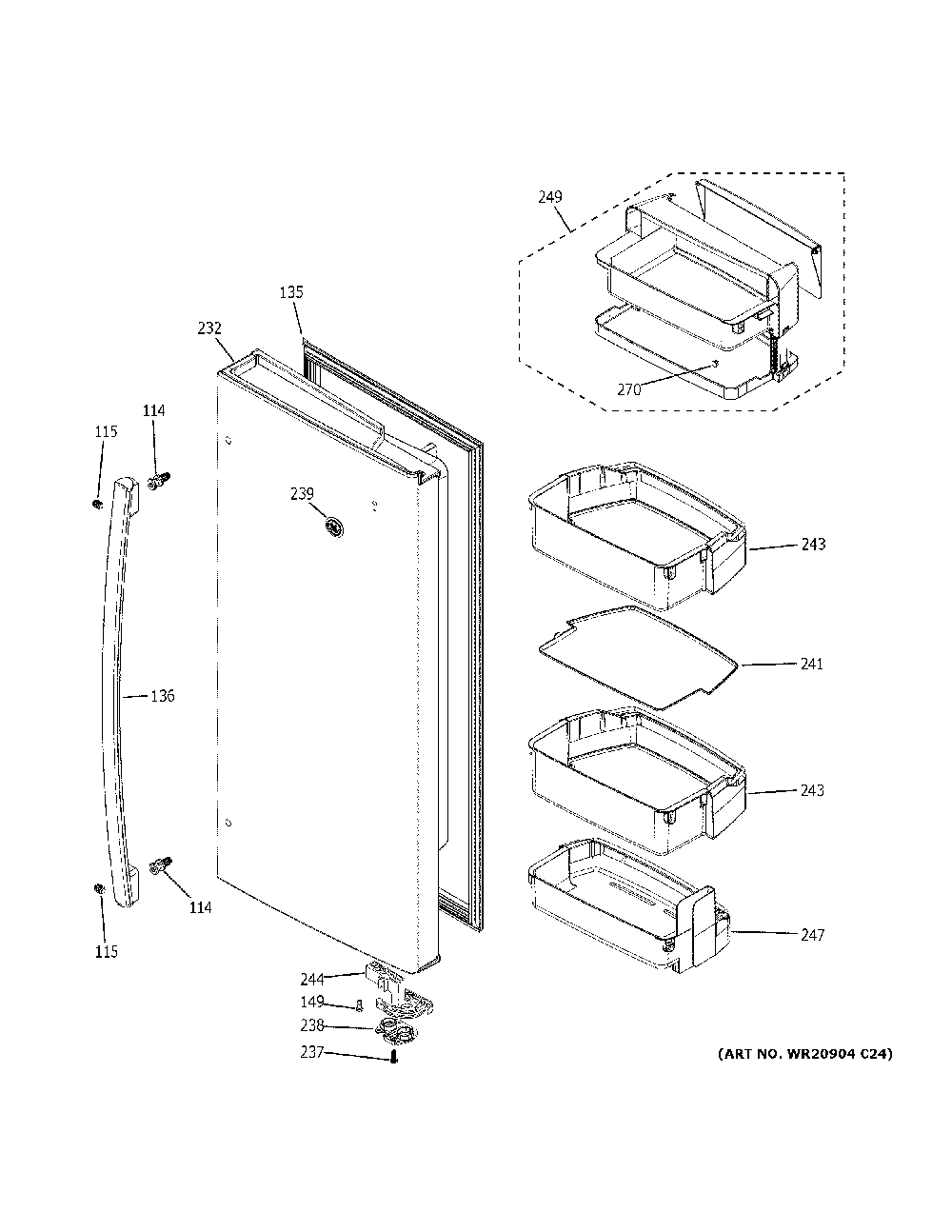 Fresh food door - rh Diagram and Parts List for PYE22KBLKTS  General Electric Refrigerator
