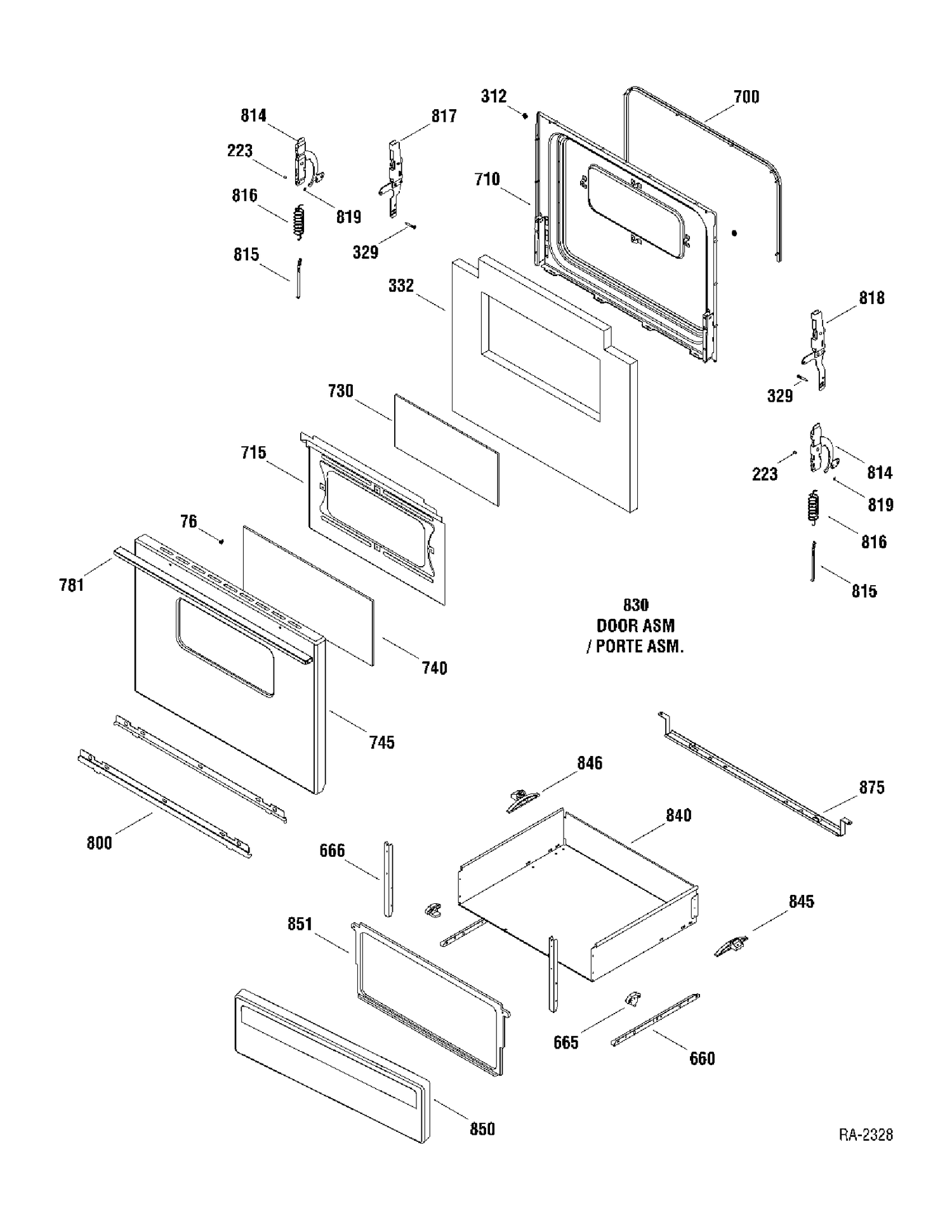 DOOR & DRAWER Diagram and Parts List for MCBS522K2WW  General Electric Range