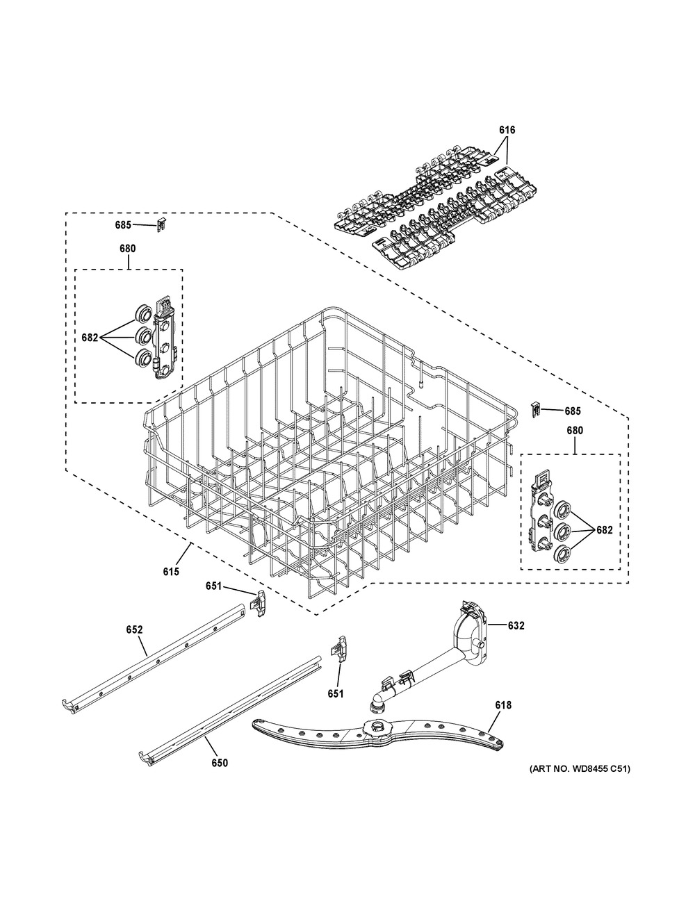 Upper Rack Assembly Diagram and Parts List for GDT530PSP5SS  General Electric Dishwasher