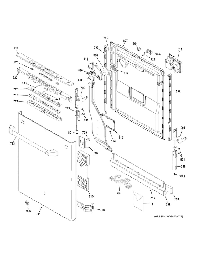 Escutcheon & Door Assembly Diagram and Parts List for CDT725SSF6SS  General Electric Dishwasher