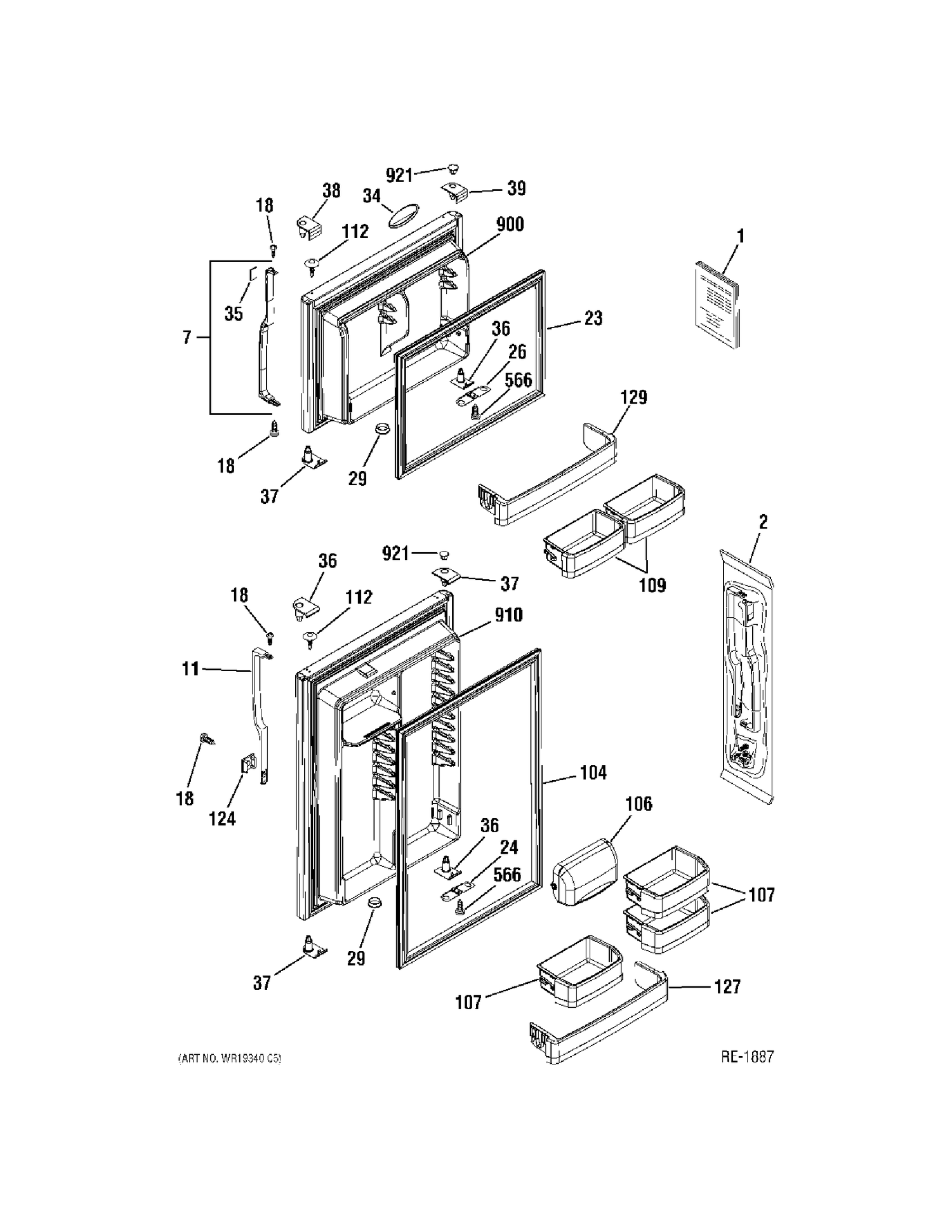 DOORS Diagram and Parts List for 38485KBRCRBB  General Electric Refrigerator