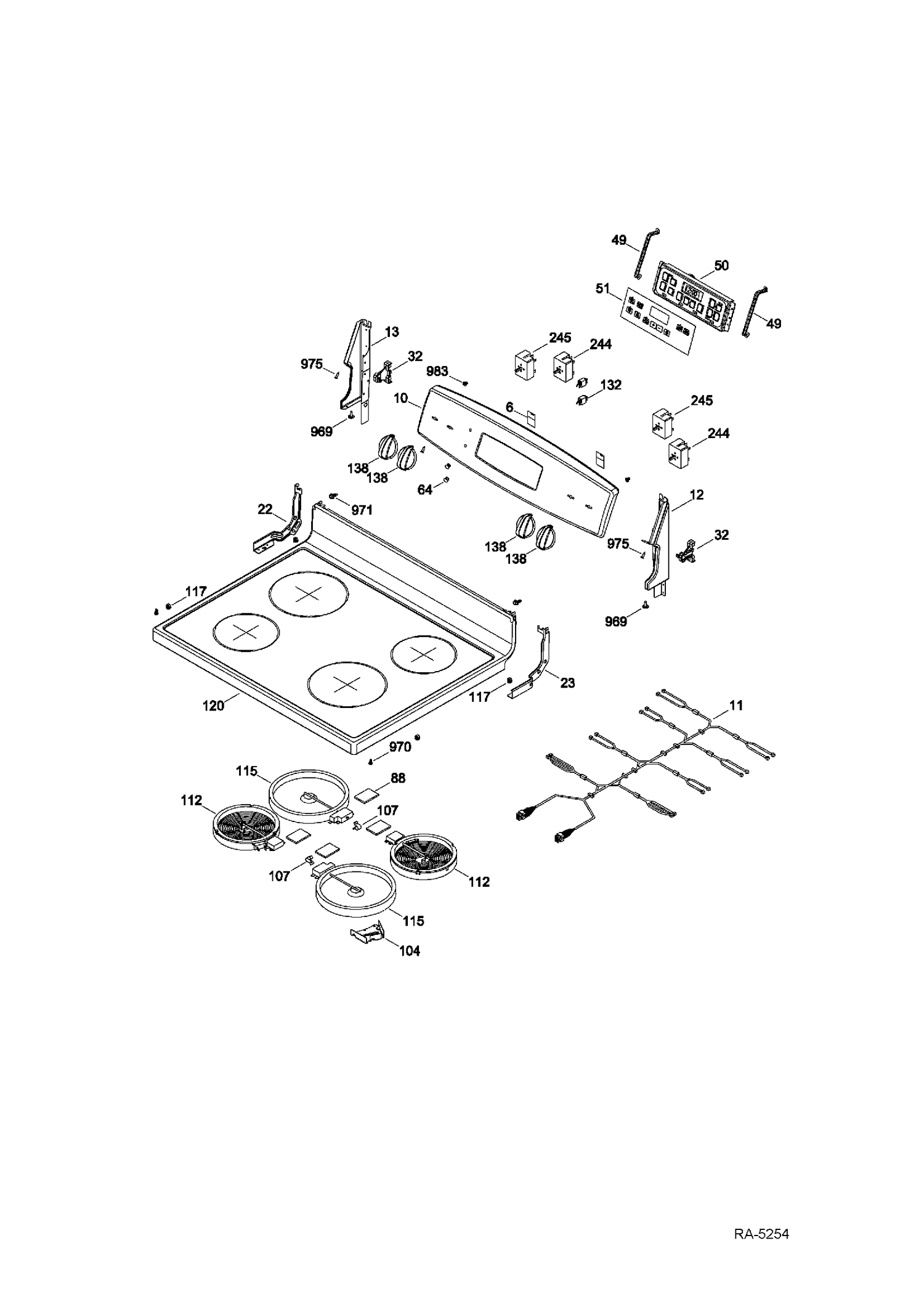 CONTROL PANEL & COOKTOP Diagram and Parts List for JCB635DF1WW  General Electric Range