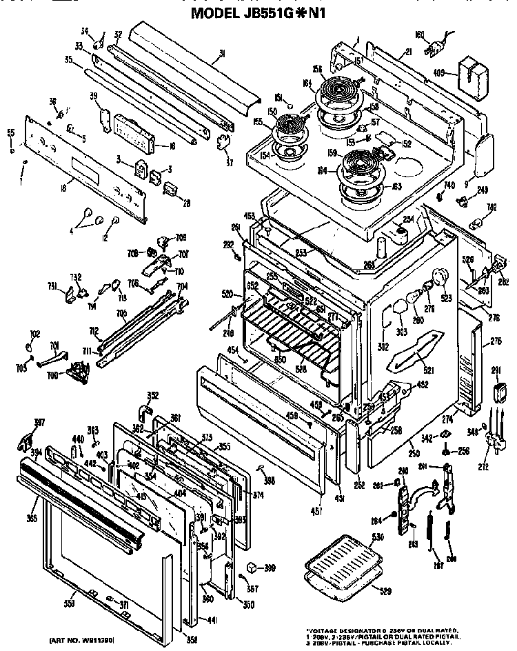 Main Body/cooktop/controls Diagram and Parts List for JB551G*N1  General Electric Range