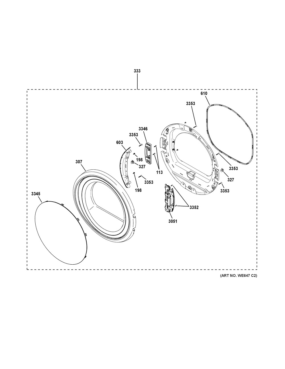 Door Diagram and Parts List for GFD43GSSM0WW  General Electric Dryer