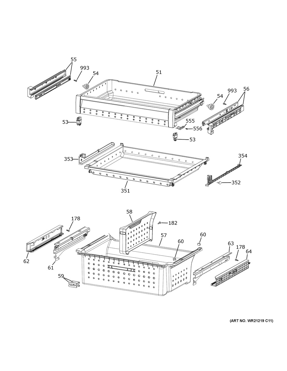 Freezer Shelves Diagram and Parts List for CVE28DM5NDS5  General Electric Refrigerator