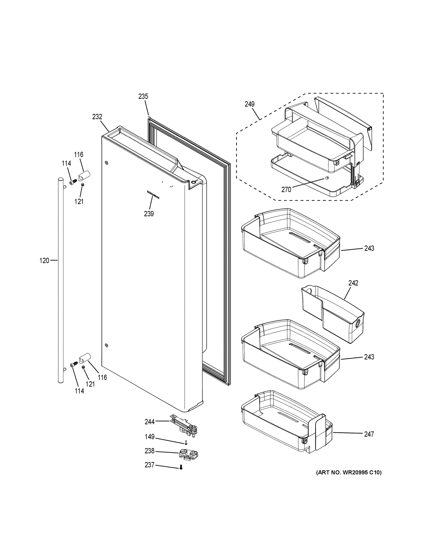 FRESH FOOD DOOR - RH Diagram and Parts List for ZWE23ESHNSS  General Electric Refrigerator
