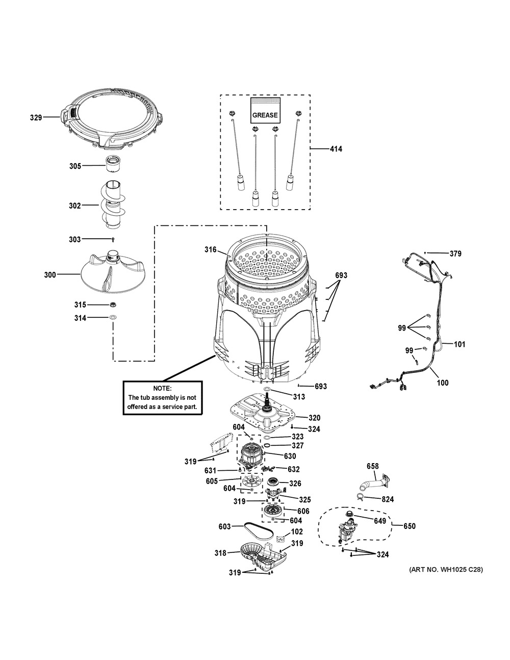 Tub And Motor Diagram and Parts List for GTW465ASN9WW  General Electric Washer