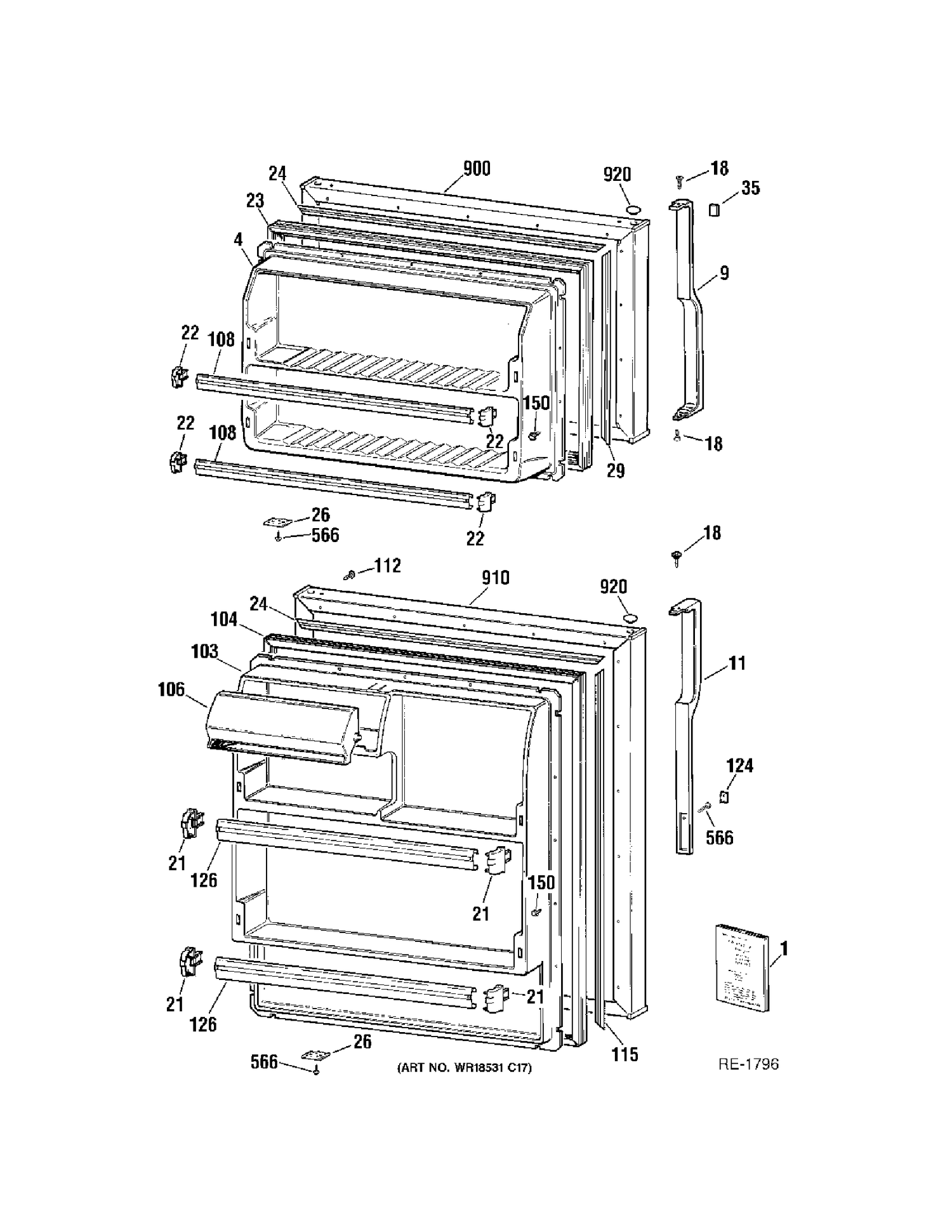 DOORS Diagram and Parts List for MTS18BBRFRWW  General Electric Refrigerator
