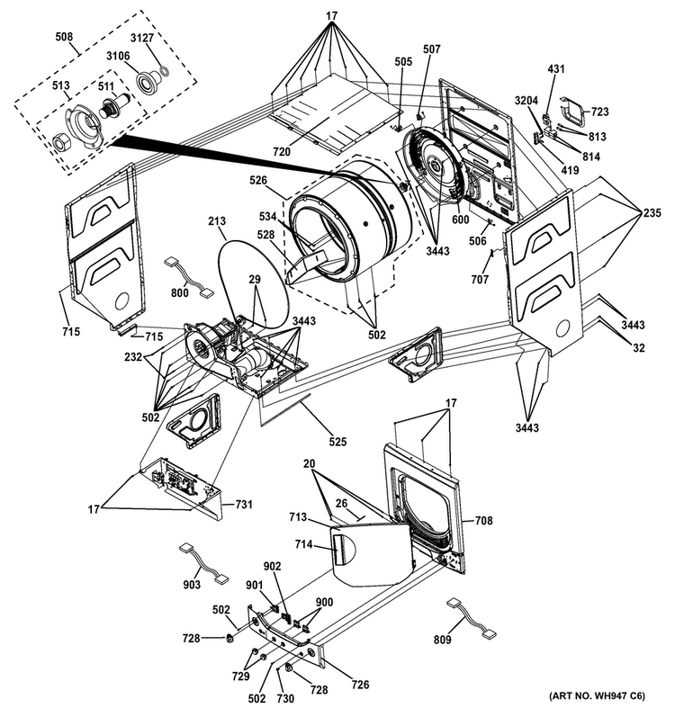 Cabinet Diagram and Parts List for GTUP240EM4WW  General Electric Washer Dryer Combo