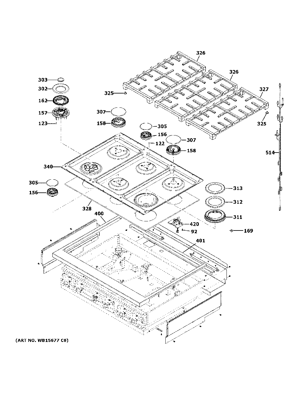 Cooktop Diagram and Parts List for CGU366P4T1W2  General Electric Cooktop