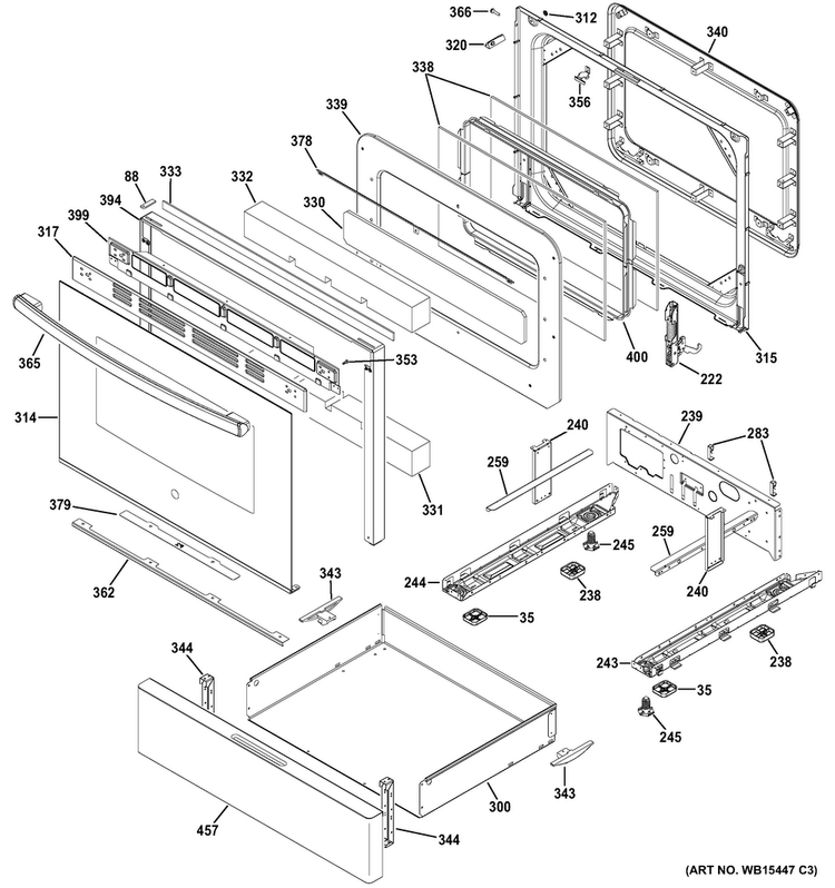 Door & Drawer Parts Diagram and Parts List for JGB660DEJ1WW  General Electric Range