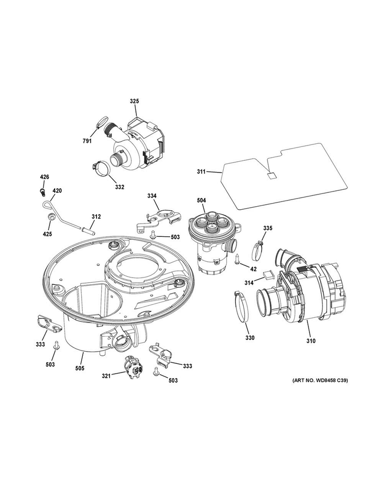 Sump & Motor Mechanism Diagram and Parts List for PDT750SSF4SS  General Electric Dishwasher