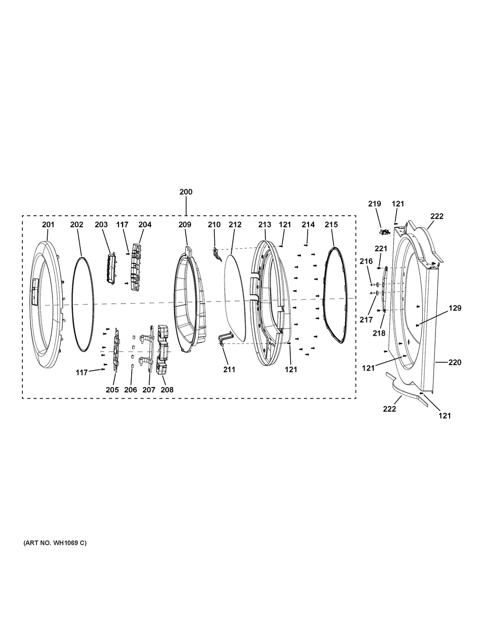 Front Panel And Door Diagram and Parts List for VFD31GSSR0WW  General Electric Dryer
