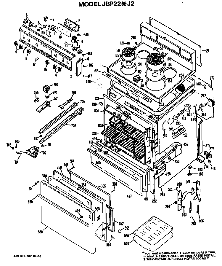 Main Body/cooktop/controls Diagram and Parts List for JBP22*J2  General Electric Range